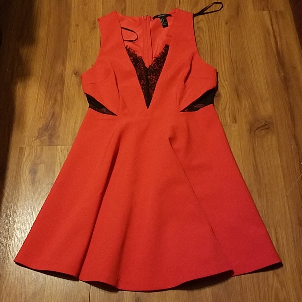 Forever 21 red with black lace cutouts dress